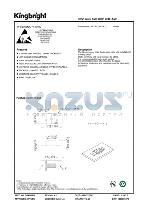 APTR3216VGC datasheet - 3.2x1.6mm SMD CHIP LED LAMP