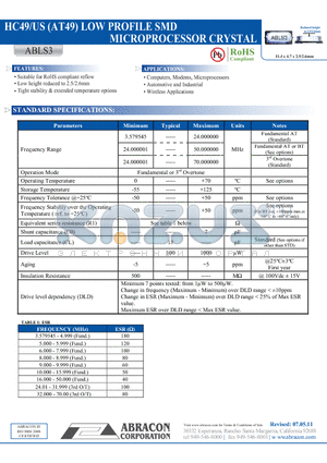 ABLS3 datasheet - HC49/US (AT49) LOW PROFILE SMD MICROPROCESSOR CRYSTAL