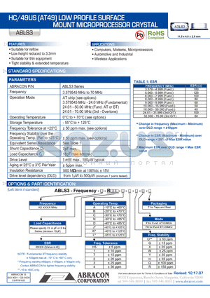 ABLS3_07 datasheet - HC/49US (AT49) LOW PROFILE SURFACE MOUNT MICROPROCESSOR CRYSTAL