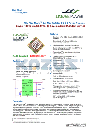 APTS003A0X-SRZ datasheet - 12V Pico TLynx 3A: Non-Isolated DC-DC Power Modules