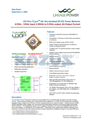 APTS006A0X-SRZ datasheet - 4.5 - 14Vdc input; 0.59Vdc to 5.5Vdc output; 6A output current