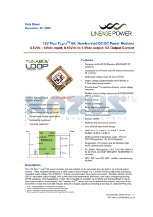 APTS006A0X-SRZ_0912 datasheet - 12V Pico TLynxTM 6A: Non-Isolated DC-DC Power Modules