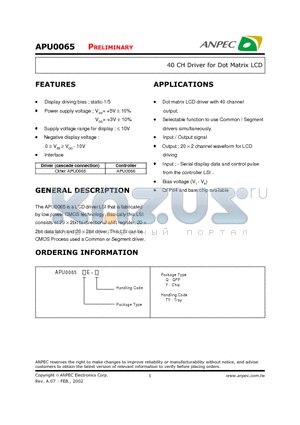 APU0065 datasheet - 40 CH Driver for Dot Matrix LCD