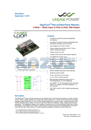 APTS050A0X3-SRPHDZ datasheet - GigaTLynxTM Non-isolated Power Modules: 4.5Vdc  14Vdc input; 0.7Vdc to 2Vdc, 50A Output