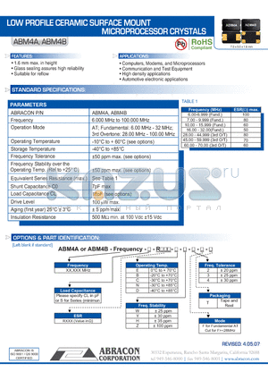 ABM4A datasheet - LOW PROFILE CERAMIC SURFACE MOUNT MICROPROCESSOR CRYSTALS