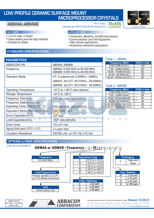 ABM4A datasheet - LOW PROFILE CERAMIC SURFACE MOUNT MICROPROCESSOR CRYSTALS