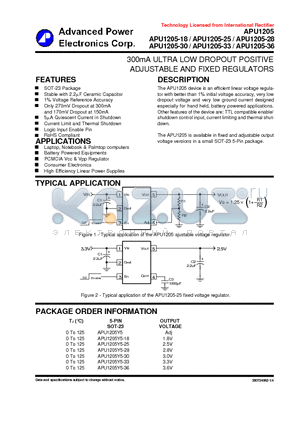 APU1205-18 datasheet - 300mA ULTRA LOW DROPOUT POSITIVE ADJUSTABLE AND FIXED REGULATORS