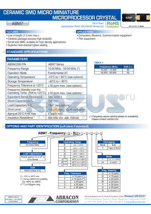 ABM7 datasheet - CERAMIC SMD MICRO MINIATURE MICROPROCESSOR CRYSTAL