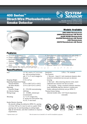 2400A datasheet - Direct-Wire Photoelectronic Smoke Detector