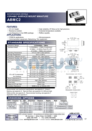 ABMC2 datasheet - MICROPROCESSOR CRYSTALS CERAMIC SURFACE MOUNT MINIATURE