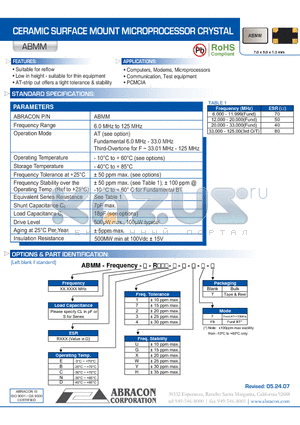 ABMM datasheet - CERAMIC SURFACE MOUNT MICROPROCESSOR CRYSTAL