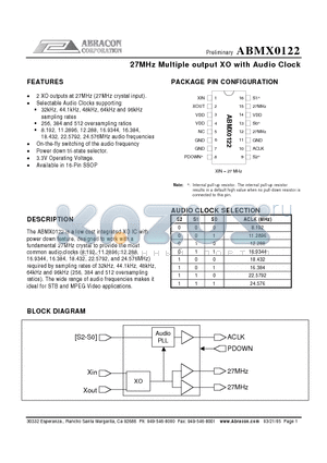 ABMX0122XC-T datasheet - 27MHz Multiple output XO with Audio Clock