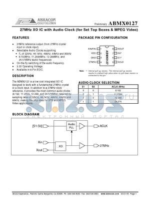 ABMX0127SCL datasheet - 27MHz XO IC with Audio Clock (for Set Top Boxes & MPEG Video)