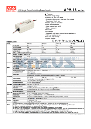 APV-16-12 datasheet - 16W Single Output Switching Power Supply