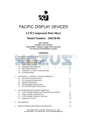 240128-06-BN-F-ST-ELP-GY datasheet - 240 x 128 Dot Graphic LCD Assembly With T6963C Toshiba Graphic LCD Controller EL Panel & LED Backlight Assembly