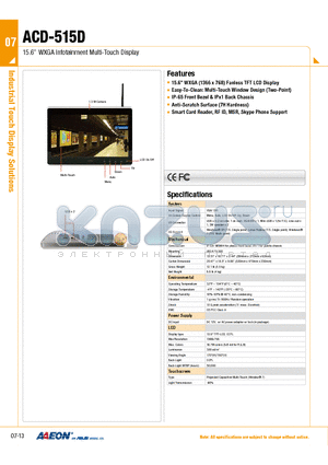 1700091800 datasheet - 15.6 WXGA Infotainment Multi-Touch Display