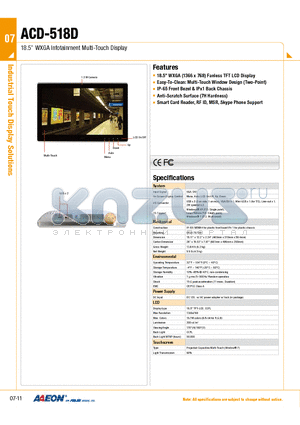 1700091800 datasheet - 18.5 WXGA Infotainment Multi-Touch Display