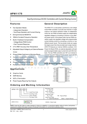 APW1175 datasheet - DUAL SYNCHRONOUS DC/DC CONTROLLER WITH CURRENT SHARING CONTROL