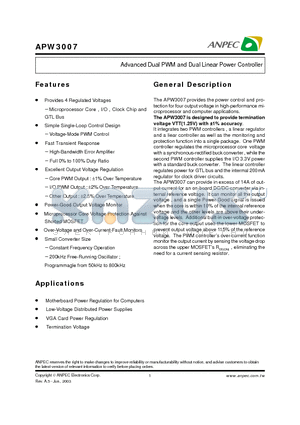 APW3007 datasheet - Advanced Dual PWM and Dual Linear Power Controller