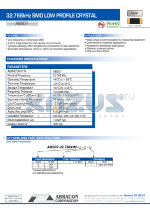 ABS07 datasheet - 32.768kHz SMD LOW PROFILE CRYSTAL