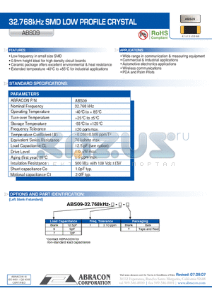 ABS09 datasheet - 32.768kHz SMD LOW PROFILE CRYSTAL