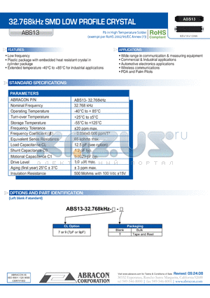 ABS13 datasheet - 32.768kHz SMD LOW PROFILE CRYSTAL