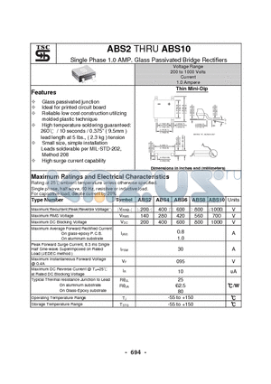 ABS2 datasheet - Single Phase 1.0 AMP. Glass Passivated Bridge Rectifiers