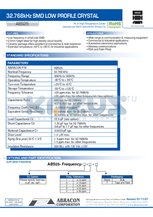 ABS25 datasheet - 32.768kHz SMD LOW PROFILE CRYSTAL