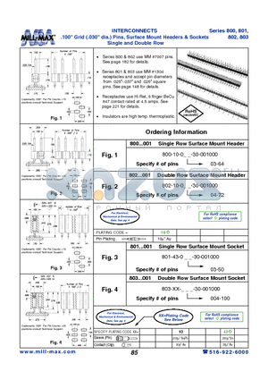 802-10-072-30-001000 datasheet - INTERCONNECTS .100 Grid (.030 dia.) Pins, Surface Mount Headers & Sockets Single and Double Row