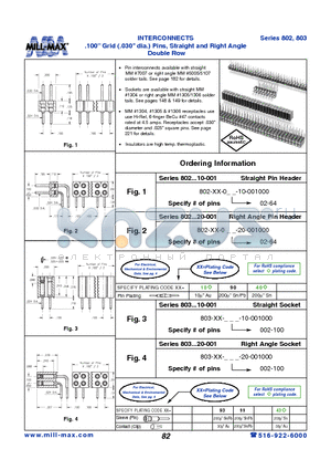 802-40-064-20-001000 datasheet - INTERCONNECTS .100 Grid (.030 dia.) Pins, Straight and Right Angle Double Row