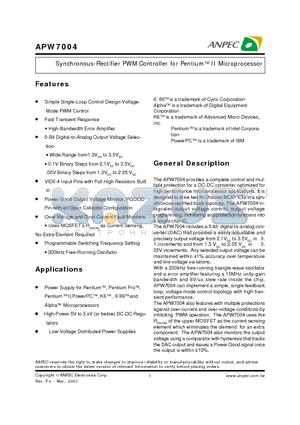 APW7004 datasheet - Synchronous-Rectifier PWM Controller for Pentium II Microprocessor