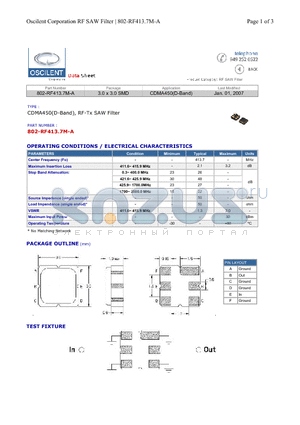 802-RF413.7M-A datasheet - CDMA450(D-Band), RF-Tx SAW Filter