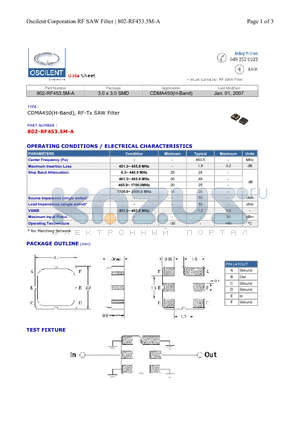 802-RF453.5M-A datasheet - CDMA450(H-Band), RF-Tx SAW Filter