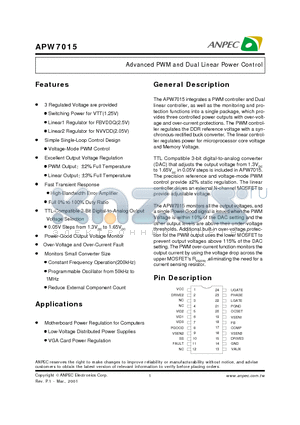 APW7015 datasheet - Advanced PWM and Dual Linear Power Control