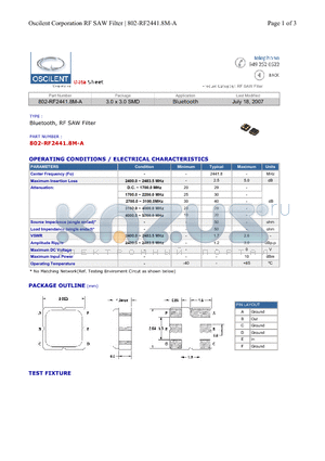 802-RF2441.8M-A datasheet - Bluetooth, RF SAW Filter