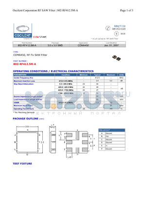 802-RF412.5M-A datasheet - CDMA450, RF-Tx SAW Filter