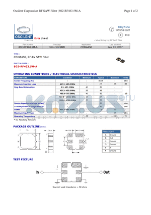 802-RF463.5M-A datasheet - CDMA450, RF-Rx SAW Filter