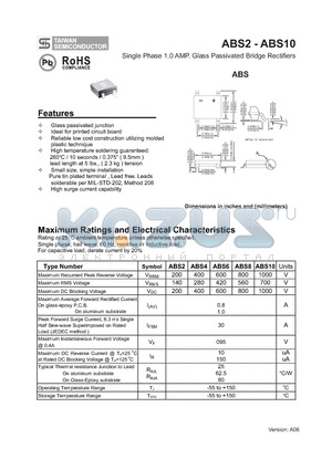 ABS8 datasheet - Single Phase 1.0 AMP. Glass Passivated Bridge Rectifiers
