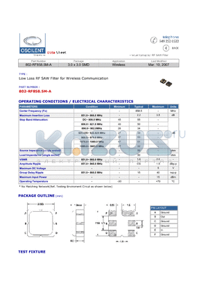 802-RF858.5M-A datasheet - Low Loss RF SAW Filter for Wireless Communication