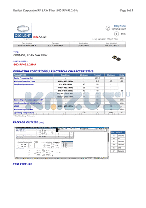 802-RF491.2M-A datasheet - CDMA450, RF-Rx SAW Filter