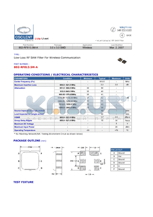 802-RF813.5M-A datasheet - Low-Loss RF SAW Filter For Wireless Communication