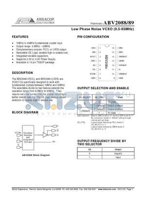 ABV2088OC-T datasheet - Low Phase Noise VCXO (9.5-65MHz)