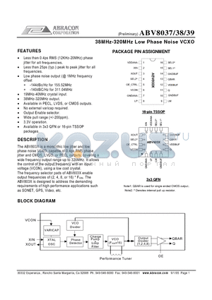 ABV8037OC datasheet - 38MHz-320MHz Low Phase Noise VCXO