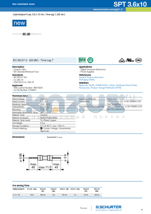 80200504 datasheet - Subminiature Fuse, 3.6 x 10 mm, Time-lag T, 250 VAC