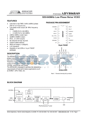 ABV8068 datasheet - 320-640MHz Low Phase Noise VCXO