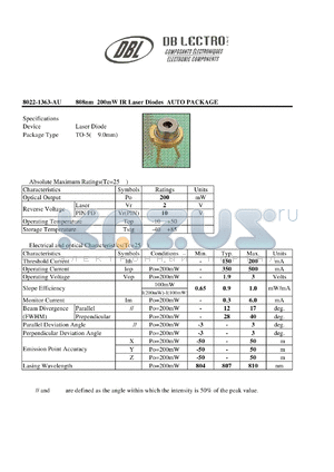 8022-1363-AU datasheet - 808nm 200mW IR Laser Diodes AUTO PACKAGE