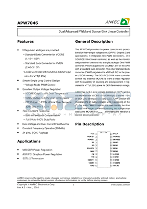 APW7046 datasheet - Dual Advanced PWM and Source-Sink Linear Controller
