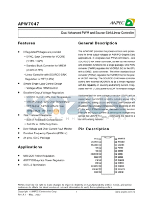 APW7047K datasheet - Dual Advanced PWM and Source-Sink Linear Controller
