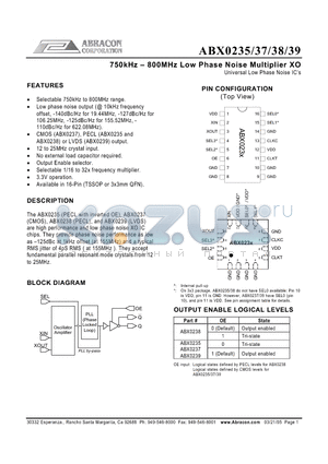 ABX0235OC datasheet - 750kHz - 800MHz Low Phase Noise Multiplier XO