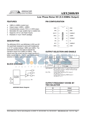 ABX2088OC-T datasheet - Low Phase Noise XO (9.5-65MHz Output)